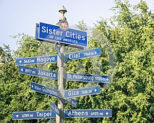 Modern urban street sign of Sister Cities of Los Angeles