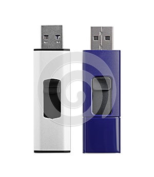 Modern usb flash drives on white background, top view