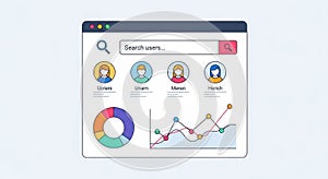 Modern user interface design with search bar pie chart and graphs for data analysis white background