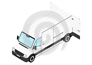 Modern van with back door open.