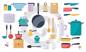Modern various kitchen tools flat icon set logo