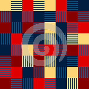 Modern vector abstract seamless geometric pattern with mosaic of squares and striped squares. Punchy bright colored simple shapes