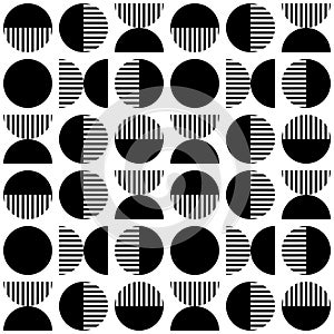 Modern vector abstract seamless geometric pattern with semicircles, circles and lines in retro scandinavian style