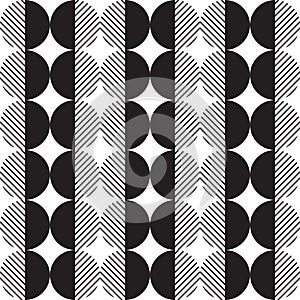 Modern vector abstract seamless geometric pattern with semicircles, circles and lines in retro scandinavian style