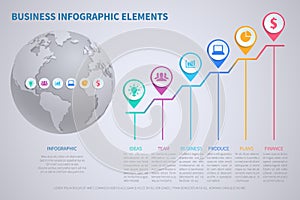 Modern vector business globalization infographic template with 3d world globe and charts
