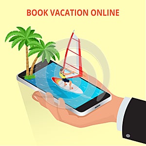 Modern vector concept of traveling,booking online, planning a summer vacation. Travel air tickets resort hotel booking