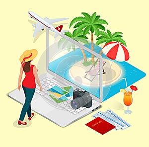 Modern vector concept of traveling, booking online, planning a summer vacation. Travel air tickets resort hotel booking