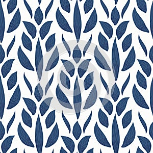 Modern vector damask style leaf or petal seamless vector pattern. Blue white background with hand drawn leaves or petals