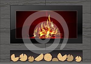 Modern fireplace with fire