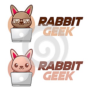 Modern vector flat design simple minimalist logo template of rabbit bunny geek nerd smart mascot character vector collection for