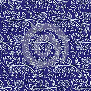 Modern vector horizontal damask style leaf or petal seamless vector pattern. Blue background with hand drawn leaves or