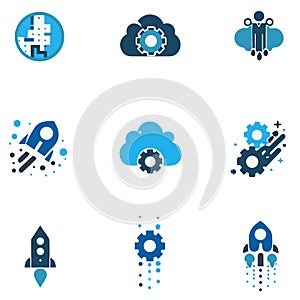 Startup and Cloud Technology Icons â Rocket, Gear & Innovation Vector Set