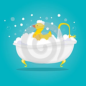 Modern vector illustration of bathtime and spa with soap foam bubbles and yellow duck.