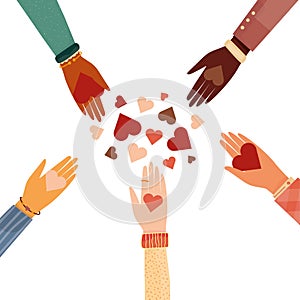 Modern vector illustration of charity and donation. Hands with a heart symbol. for social activity. International people