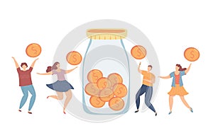Modern vector illustration of Concept of charity and donation. Volunteers throw money symbol into a box for donations