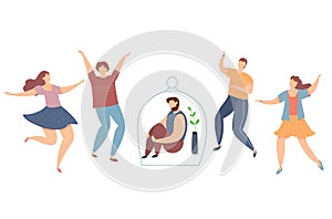 Modern vector illustration of introvert and extravert on party. Lonely introvert boy among dancing people. Sad man under photo