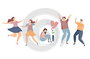 Modern vector illustration of introvert and extravert on party. Lonely introvert girl among dancing people. Sad girl