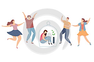 Modern vector illustration of introvert and extravert on party. Lonely introvert girl among dancing people. Sad girl