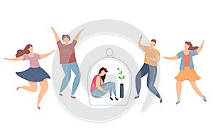 Modern vector illustration of introvert and extravert on party. Lonely introvert girl among dancing people. Sad girl photo
