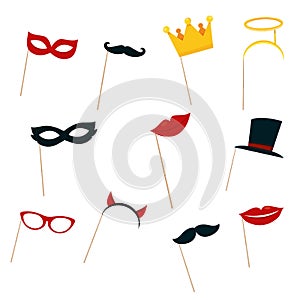 Modern vector illustration of photo booth props. Photobooth accessories for party, birthday, wedding, carnival  isolated on white