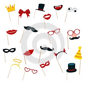 Modern vector illustration of photo booth props. Photobooth accessories for party, birthday, wedding, carnival  isolated on white