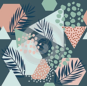 Modern vector illustration with tropical leaves, grunge, marbling textures, doodles, minimal elements.