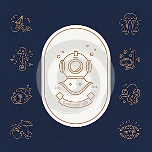 Modern vector illustration of undersea life. Flat icons with sea creatures and symbols.