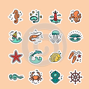 Modern vector illustration of undersea life. Flat icons with sea creatures and symbols.Collection of elements for