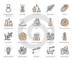 Modern vector line icon of aromatherapy and essential oils. Elements - aromatherapy diffuser, candles, incense sticks