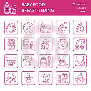 Modern vector line icon of breast feeding, baby infant food. Nursery elements - breast pump, woman, child, powdered milk, bottle