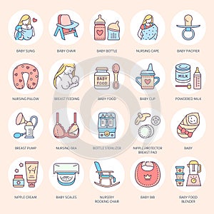 Modern vector line icon of breastfeeding, baby infant food.