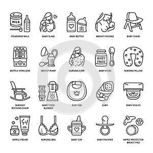 Modern vector line icon of breastfeeding, baby infant food. Breast feeding elements - pump, woman, child, powdered milk, bottle st