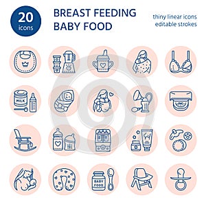 Modern vector line icon of breastfeeding, baby infant food. Motherhood elements - breast pump, woman, child, powdered milk, bottle