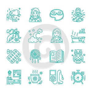 Modern vector line icon of insomnia problem and healthy sleep. Elements clock, pillow, pills, dream catcher, counting