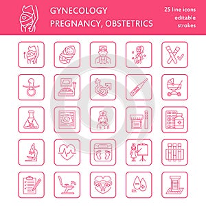 Modern vector line icon of pregnancy management and obstetrics. Gynecology elements - chair, tests, doctors, sonogram, baby