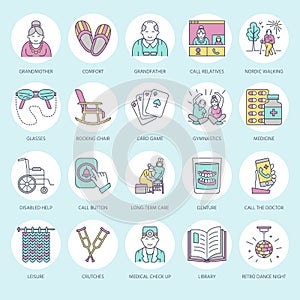 Modern vector line icon of senior and elderly care. Nursing home element - old people, wheelchair, leisure, hospital