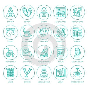 Modern vector line icon of senior and elderly care. Nursing home elements - old people, wheelchair, leisure, hospital