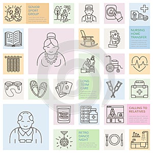 Modern vector line icon of senior and elderly care. Nursing home elements - old people, wheelchair, leisure, hospital call