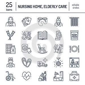 Modern vector line icon of senior and elderly care. Nursing home elements - old people, wheelchair, leisure, hospital