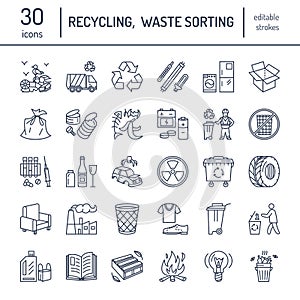 Modern vector line icon of waste sorting, recycling. Garbage collection. Recyclable waste - paper, glass, plastic, metal. Linear