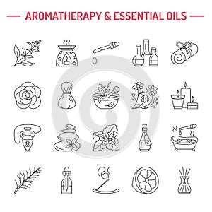 Modern vector line icons of aromatherapy and essential oils.