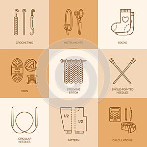 Modern vector line icons set of knitting and crochet.