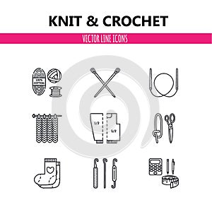 Modern vector line icons set of knitting and crochet elements - yarn, knitting needle, knitting hook, pin and others.