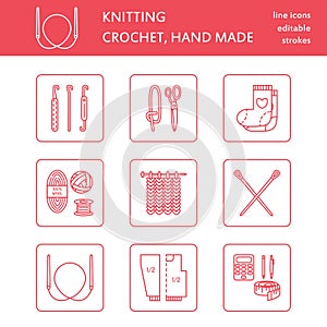Modern vector line icons set of knitting and crochet. Hand made elements: yarn, knitting needle, knitting hook, pin and others.