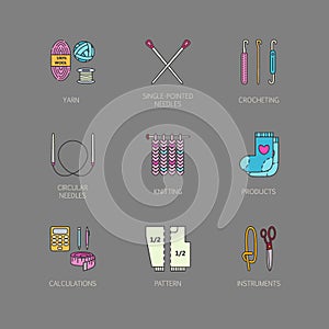 Modern vector line icons set of knitting and crochet. Knitting elements: yarn, knitting needle, knitting hook, pin and others.