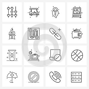 Modern Vector Line Illustration of 16 Simple Line Icons of religious, holy Quran, locked, religion, religion