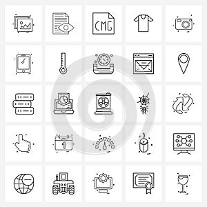 Modern Vector Line Illustration of 25 Simple Line Icons of camera, shirt, readable, shopping, t