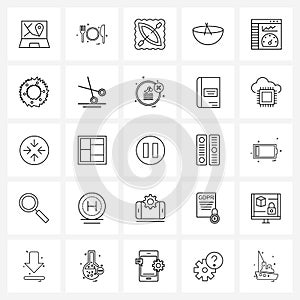 Modern Vector Line Illustration of 25 Simple Line Icons of dashboard, admin panel, entertain, meal, eat