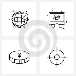 Modern Vector Line Illustration of 4 Simple Line Icons of globe, euro bank, network, laptop, financial center