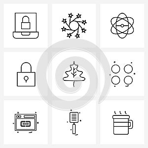 Modern Vector Line Illustration of 9 Simple Line Icons of nature, leaf, xmas, security, lock